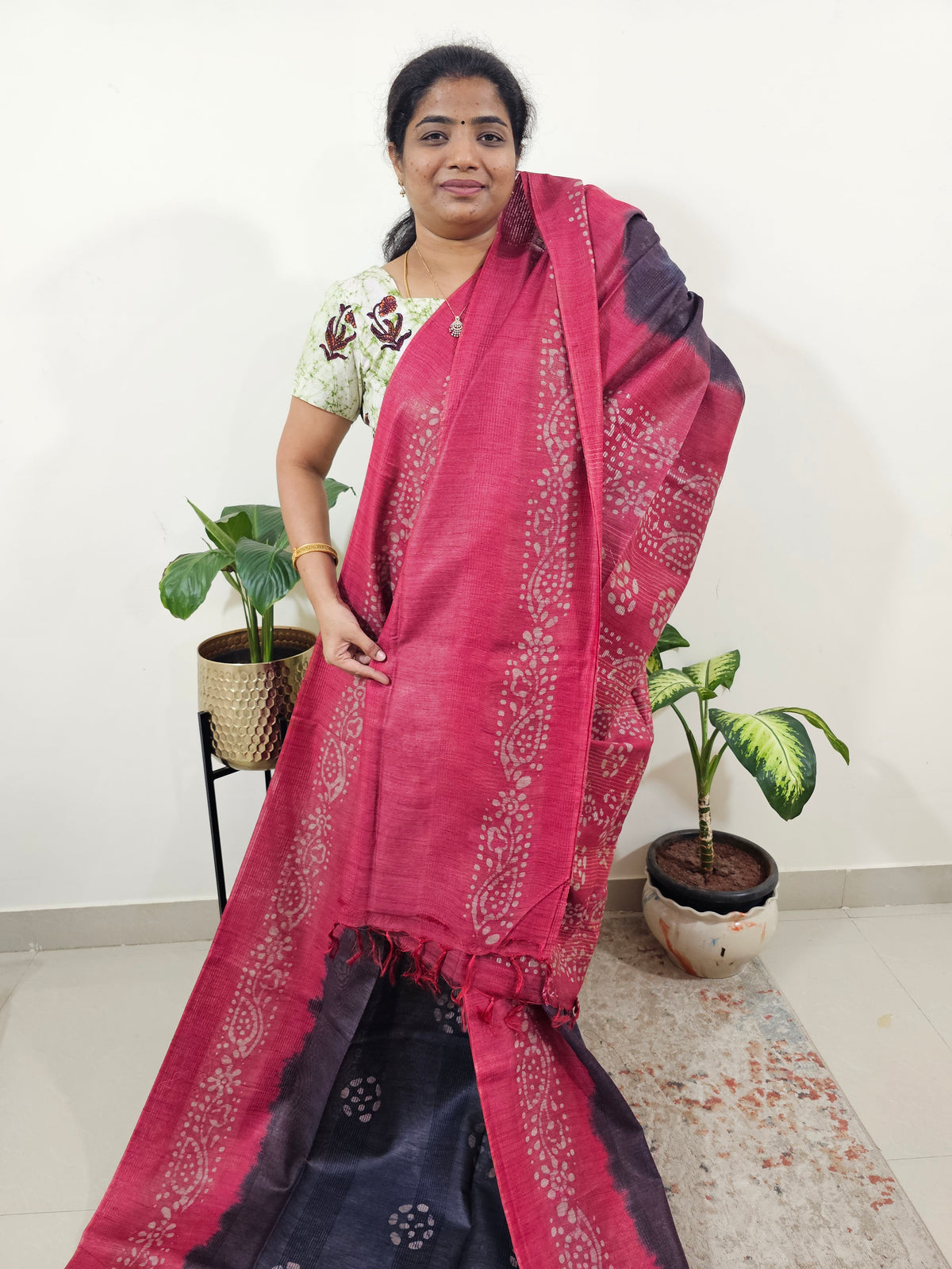 Bhagalpuri Batik Print - Blue with Pink