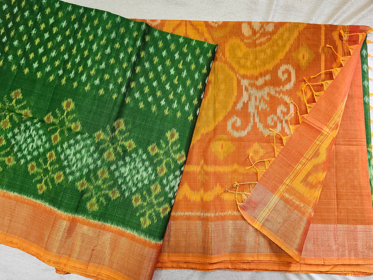 Green with Yellow Magenta Pink Pochampally Ikkat Silk Cotton (SICO Pattu)