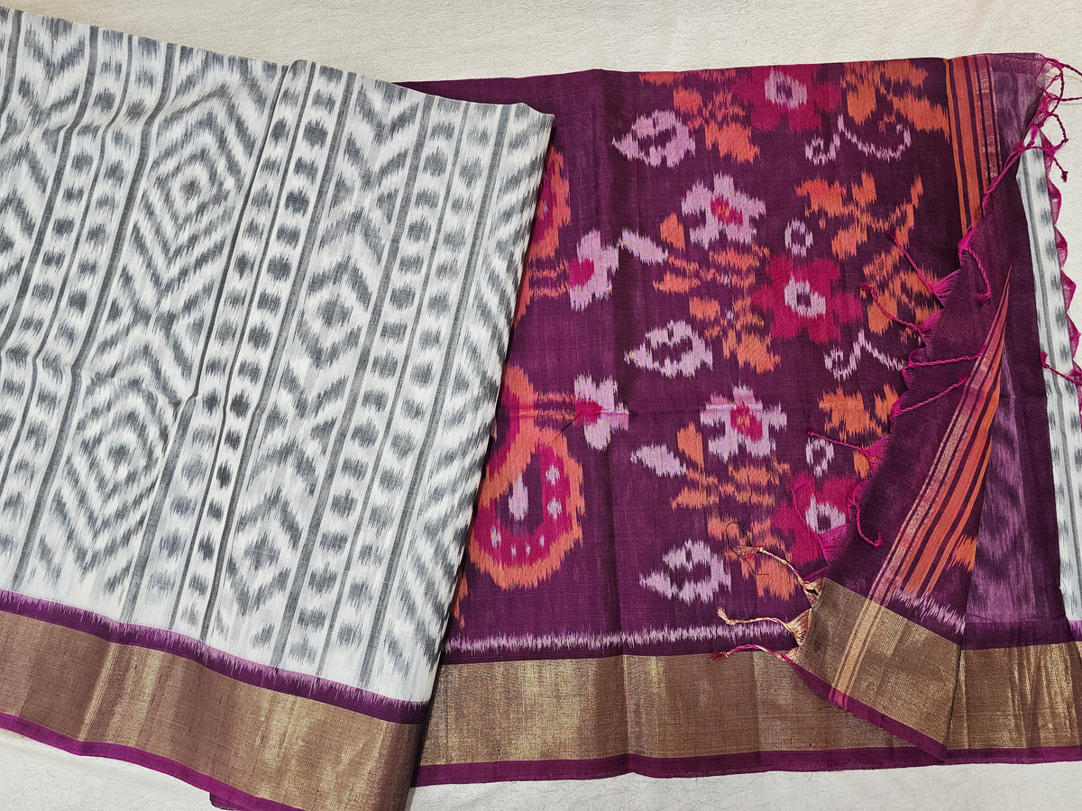 Grey with  Magenta Pink Pochampally Ikkat Silk Cotton (SICO Pattu)