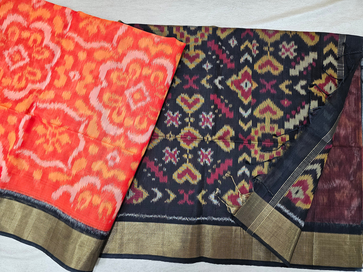 Rust Orange with Black Pochampally Ikkat Silk Cotton (SICO Pattu)