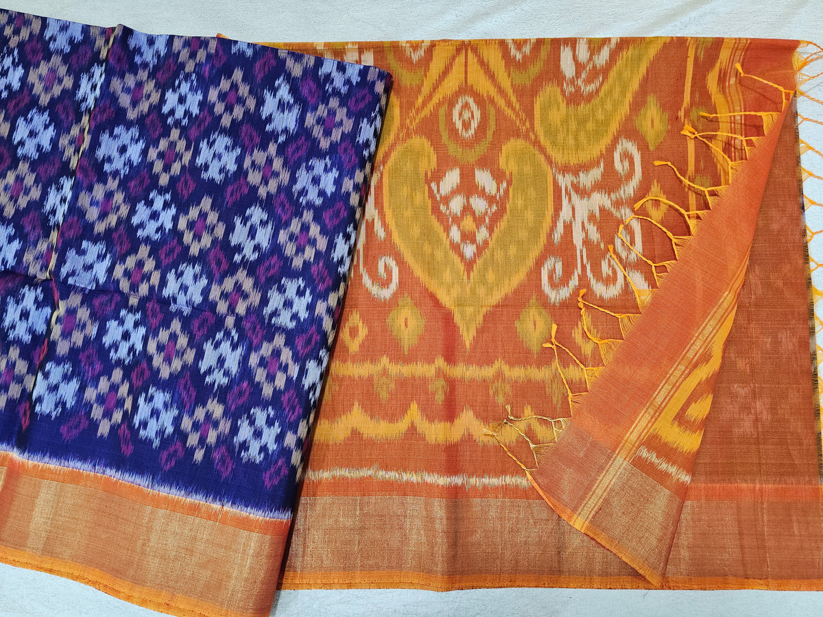 Blue with Mustard Yellow Pochampally Ikkat Silk Cotton (SICO Pattu)