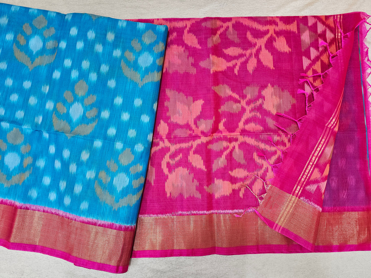 Blue with Pink Pochampally Ikkat Silk Cotton (SICO Pattu)