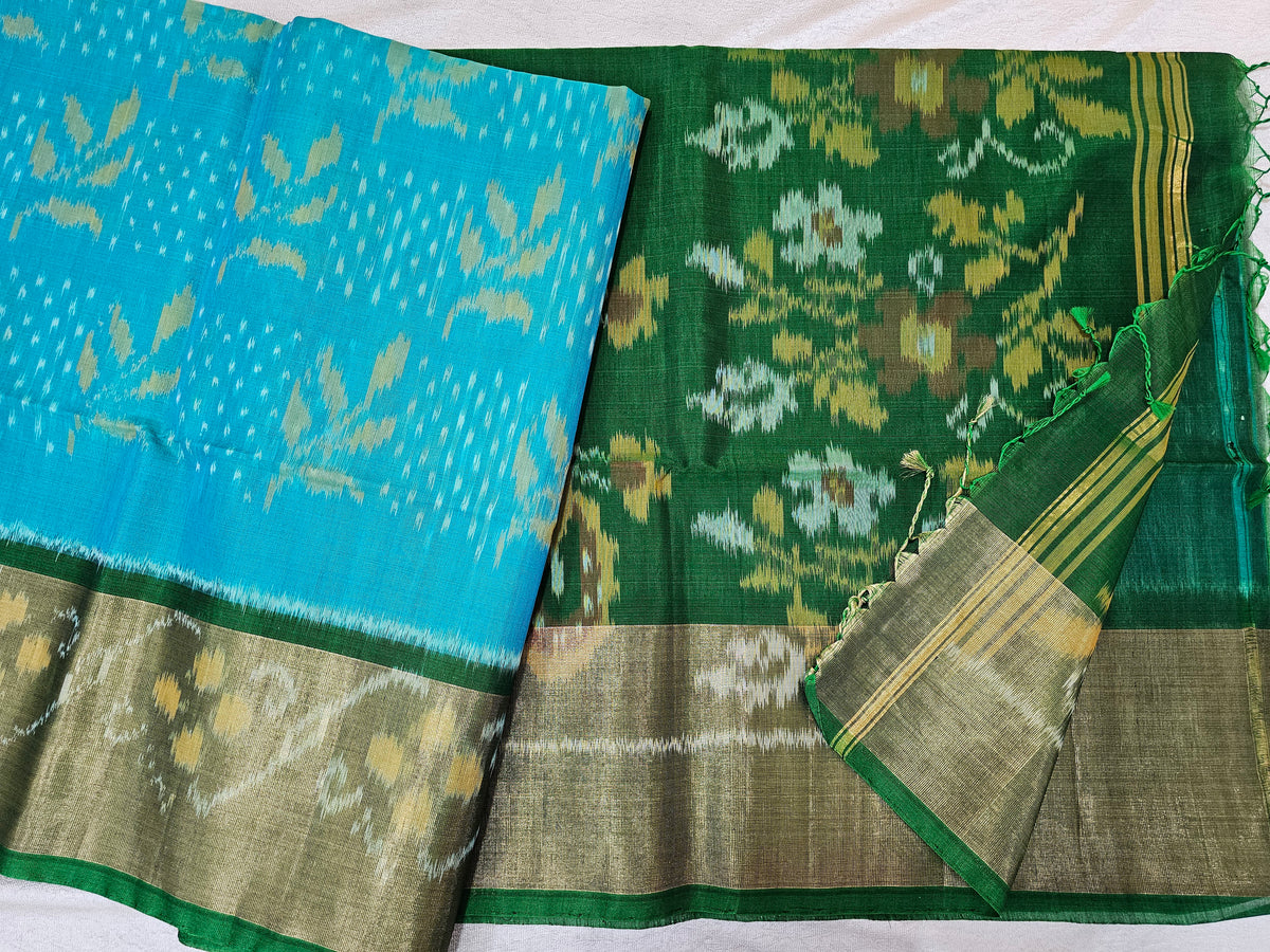 Blue with Green Pochampally Ikkat Silk Cotton (SICO Pattu)