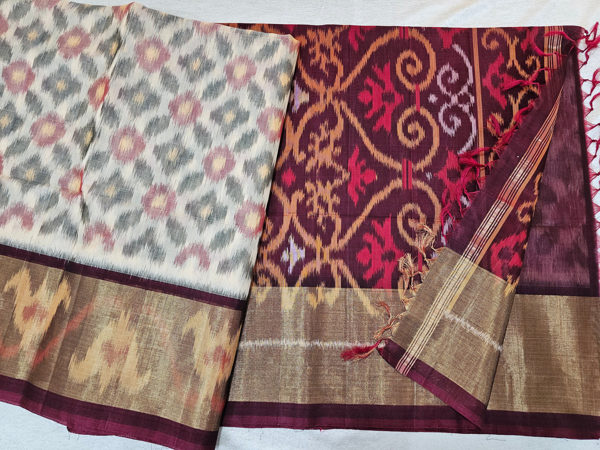 Cream with Brown Pochampally Ikkat Silk Cotton (SICO Pattu)