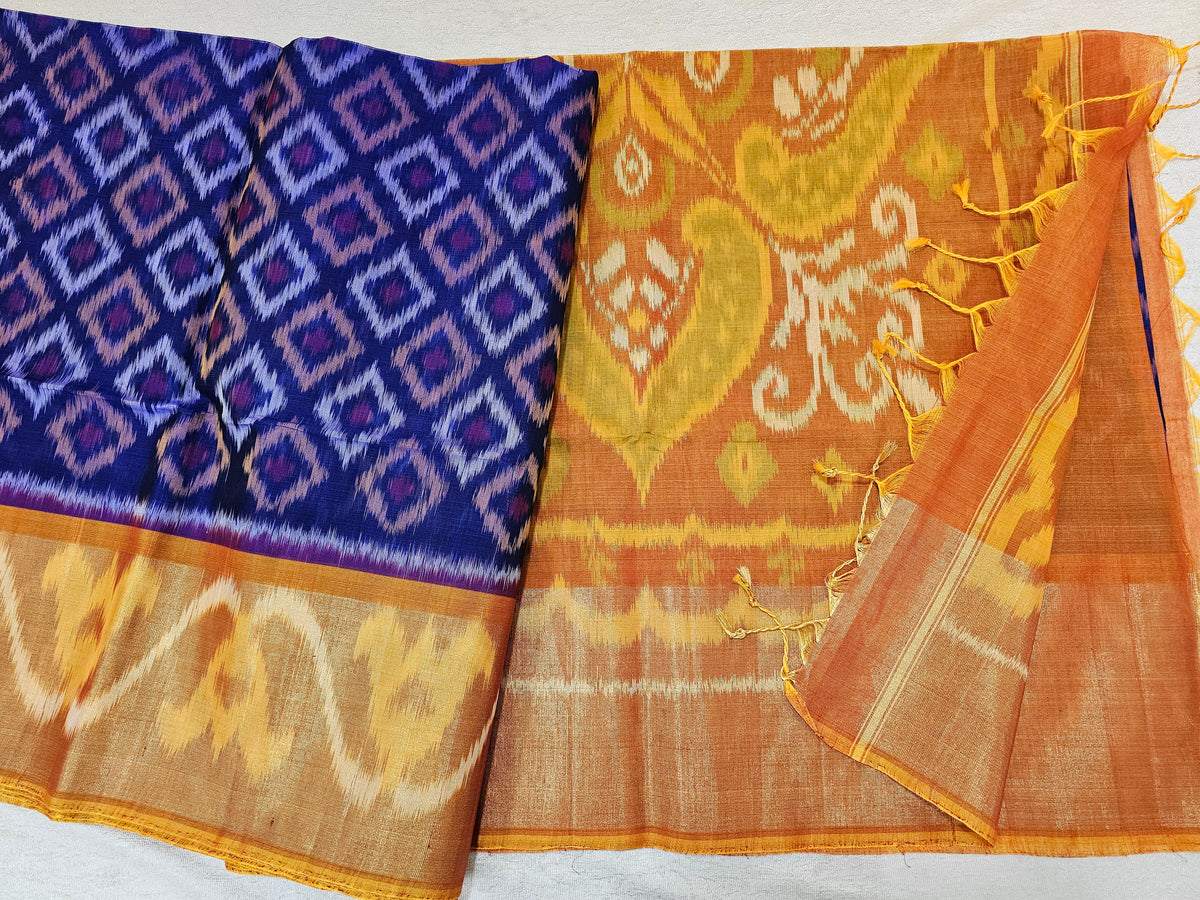 Blue with Yellow Pochampally Ikkat Silk Cotton (SICO Pattu)