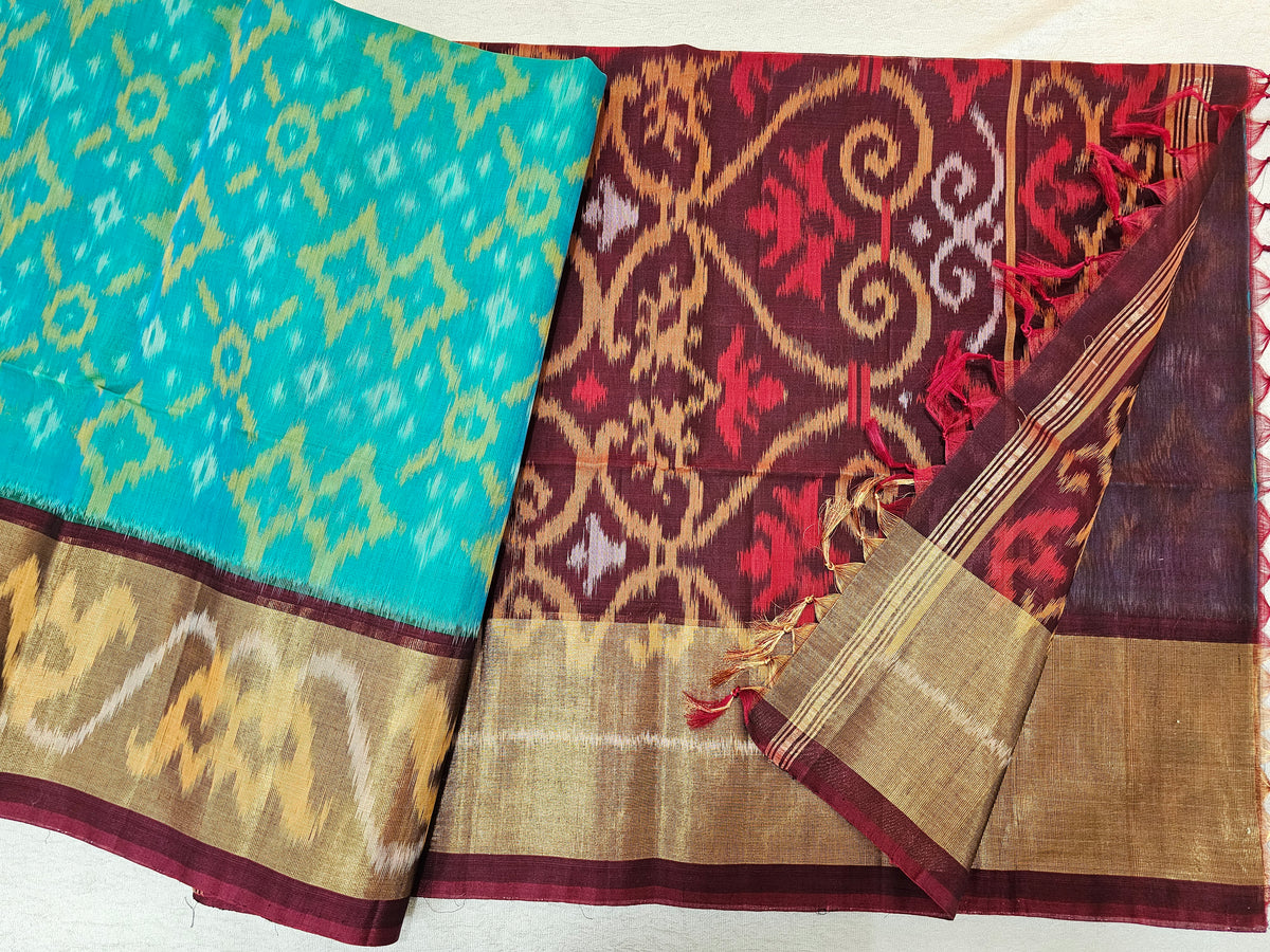 Blue with Brown Pochampally Ikkat Silk Cotton (SICO Pattu)