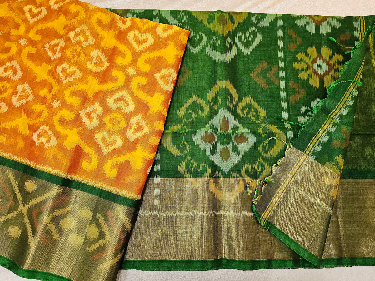 Mustard yellow with Green Pochampally Ikkat Silk Cotton (SICO Pattu)