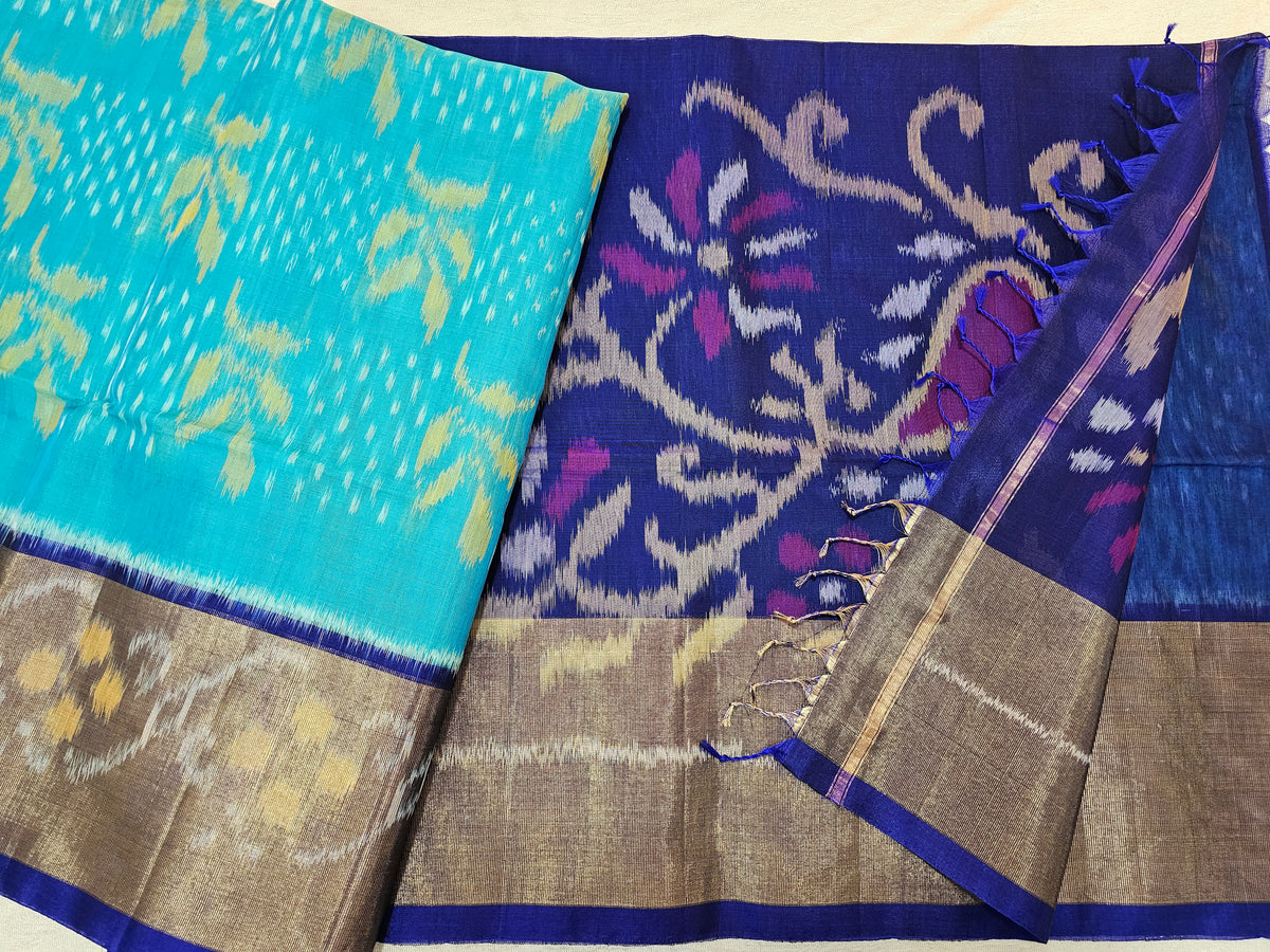 Light Blue with Blue Pochampally Ikkat Silk Cotton (SICO Pattu)