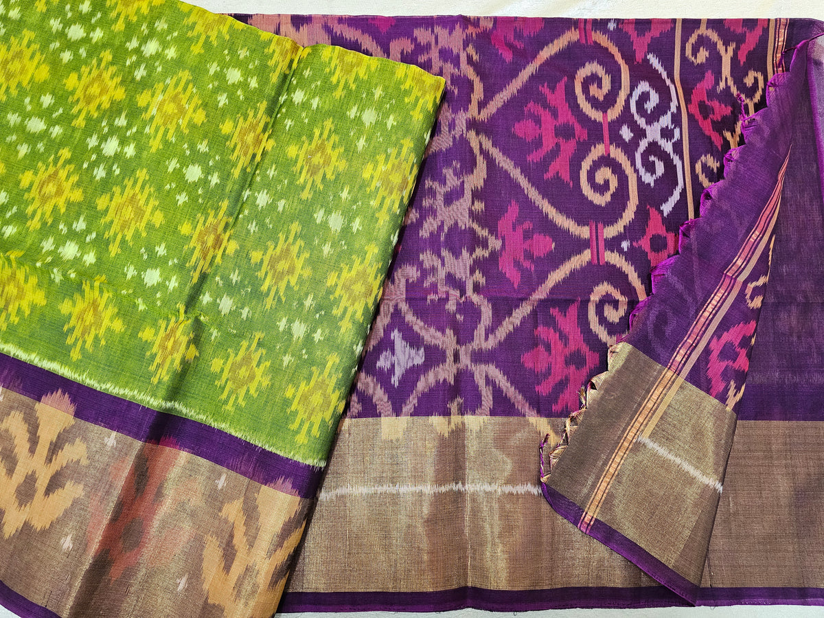 Parrot Green with Magenta Pink Pochampally Ikkat Silk Cotton (SICO Pattu)