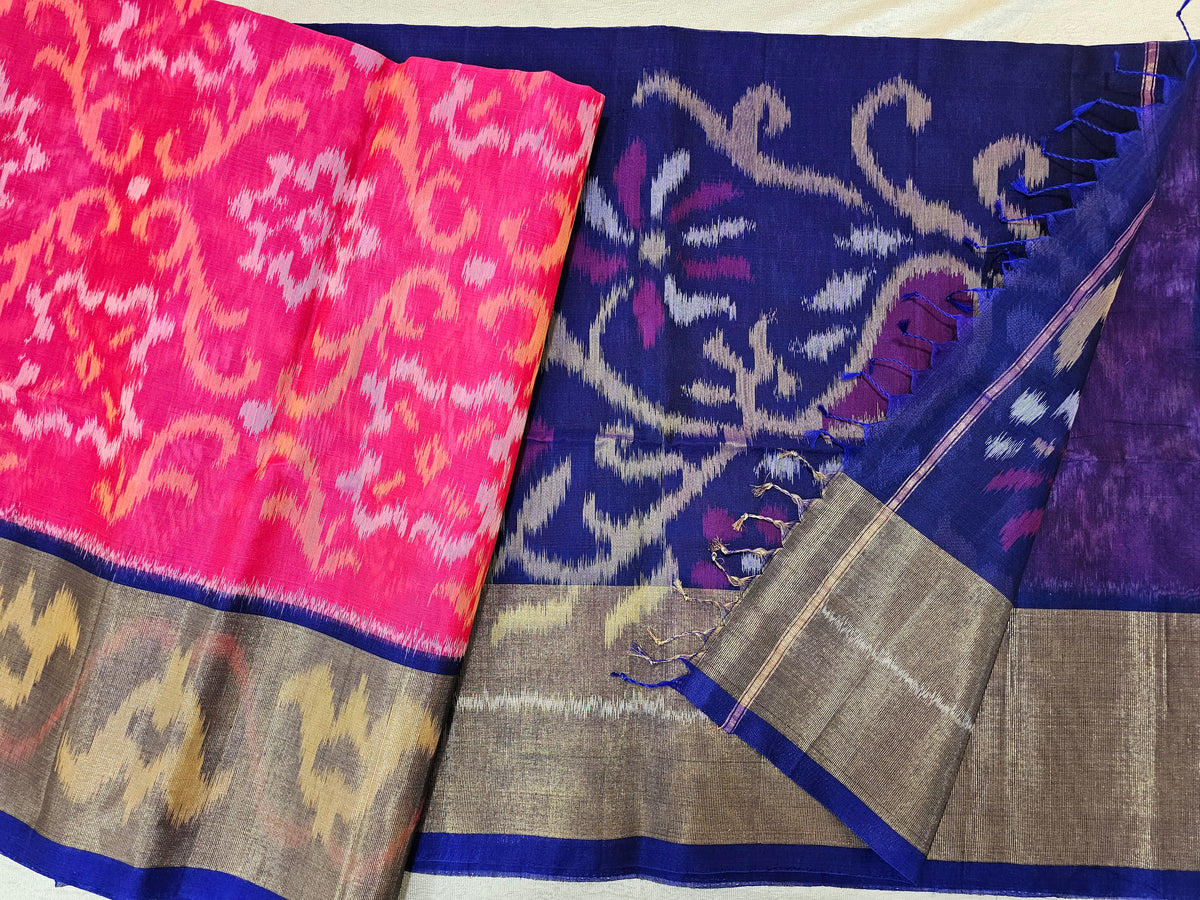 Pink with Blue Pochampally Ikkat Silk Cotton (SICO Pattu)