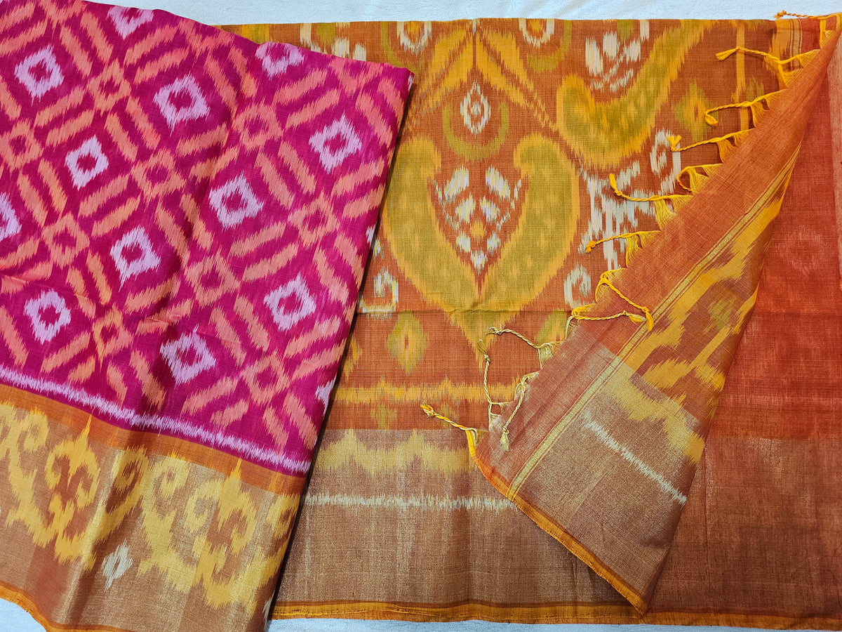 Pink with Rust Orange Pochampally Ikkat Silk Cotton (SICO Pattu)