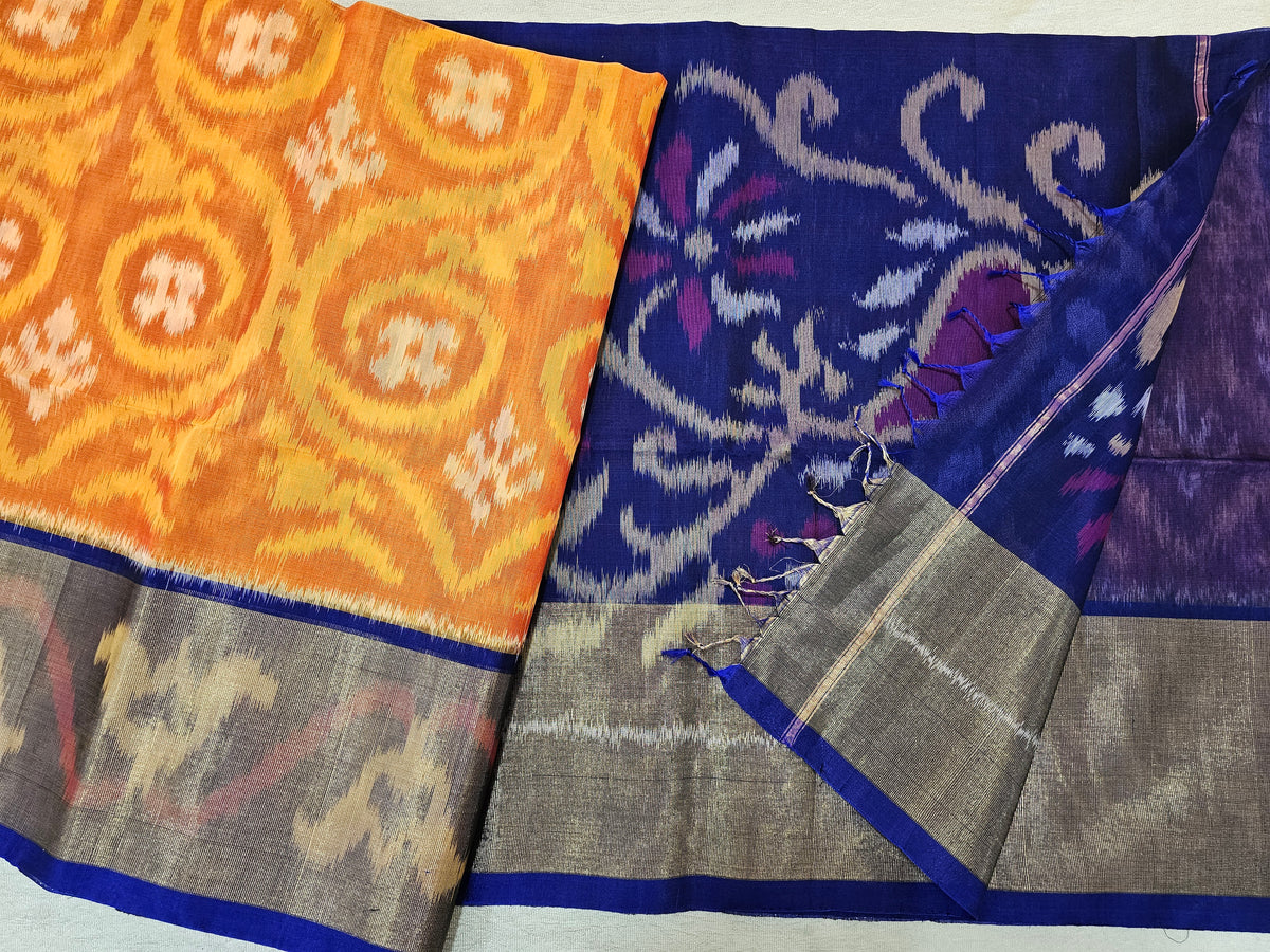 Rust Orange with Blue Pochampally Ikkat Silk Cotton (SICO Pattu)