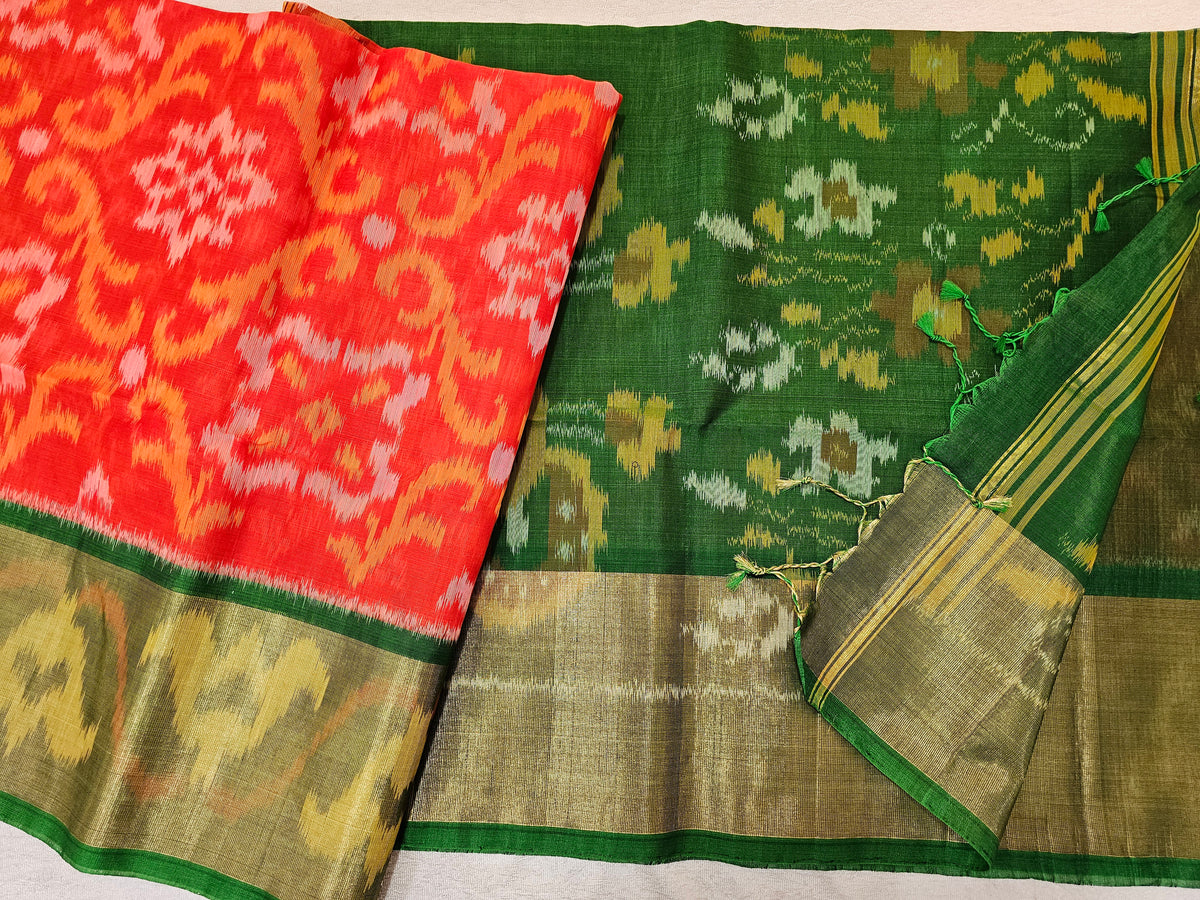 Orange with Green Pochampally Ikkat Silk Cotton (SICO Pattu)