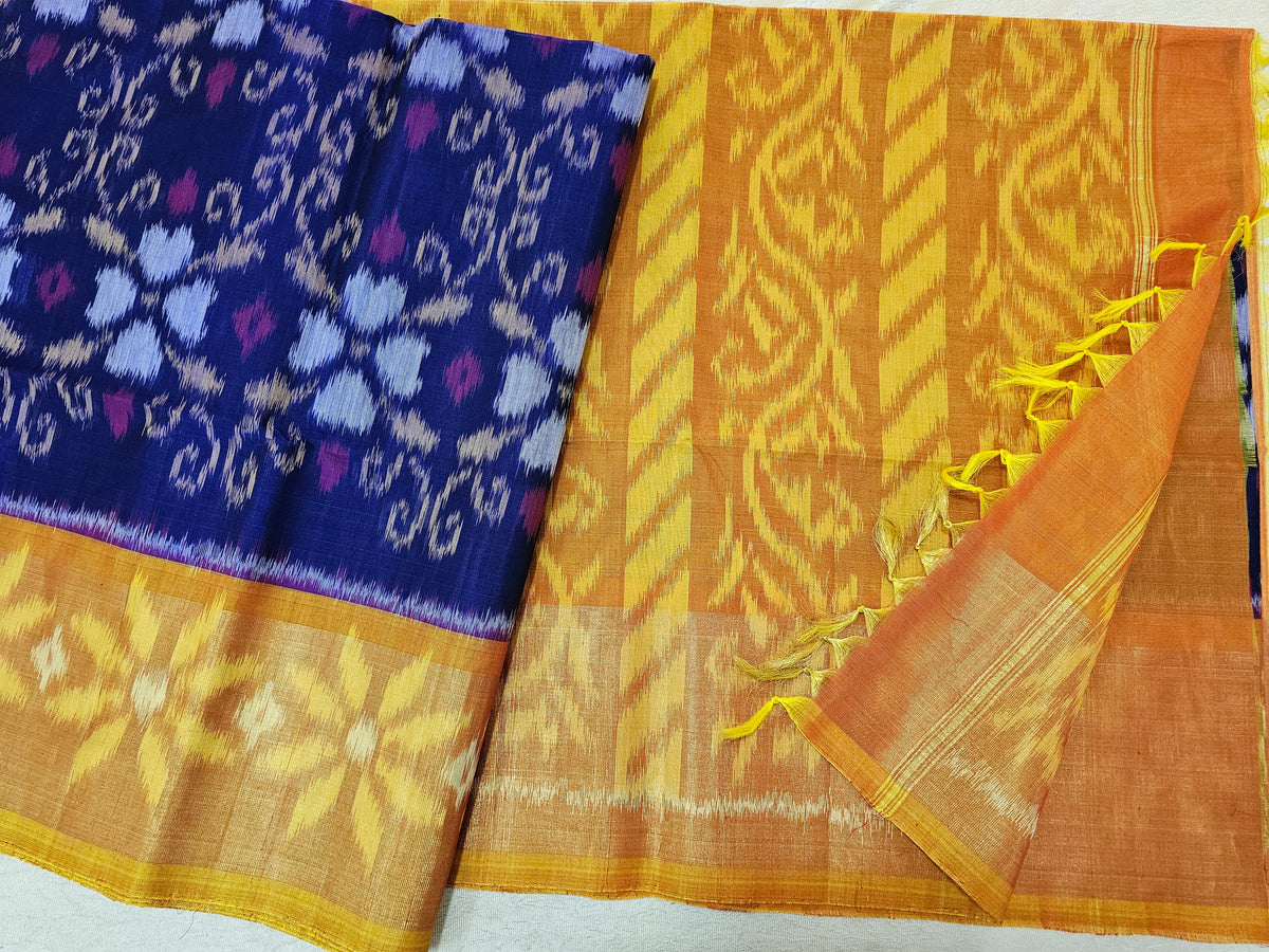 Blue with Mustard Yellow Pochampally Ikkat Silk Cotton (SICO Pattu)