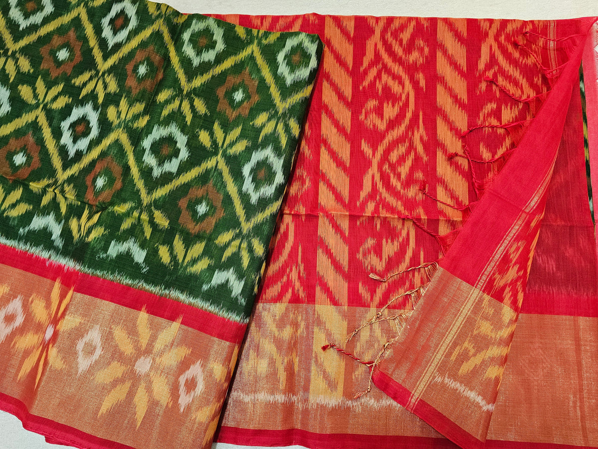 Green with Red Pochampally Ikkat Silk Cotton (SICO Pattu)