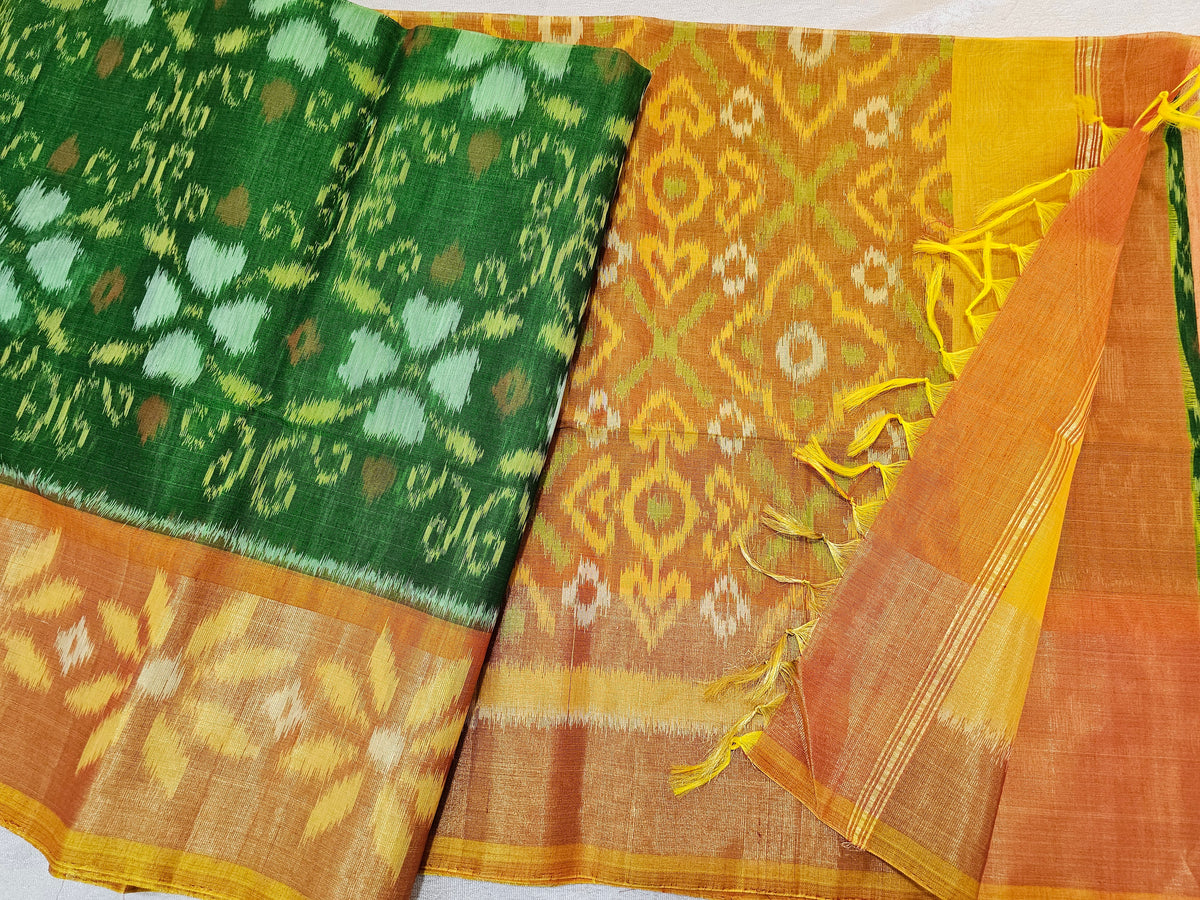 Green with Yellow Pochampally Ikkat Silk Cotton (SICO Pattu)