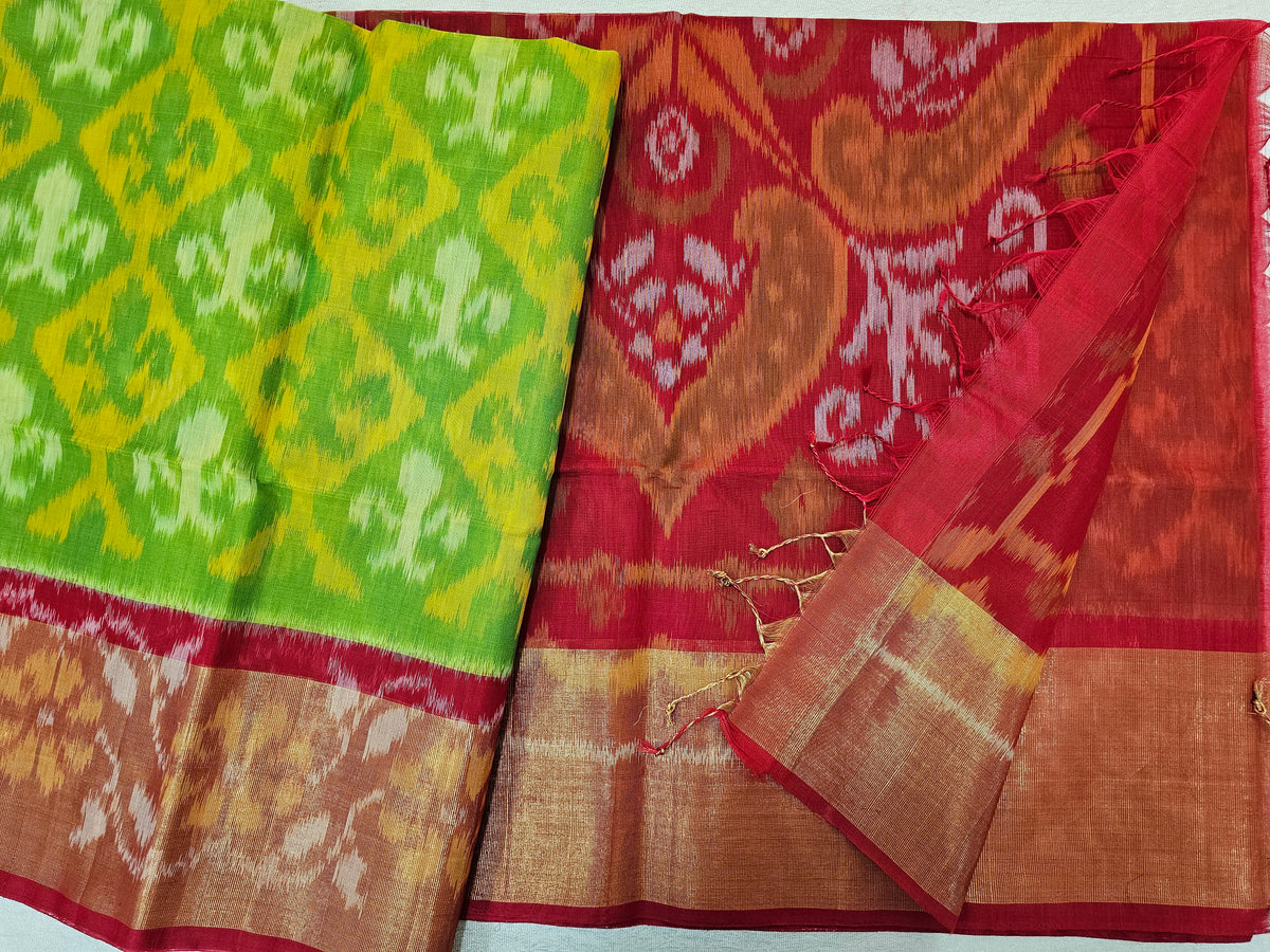 Green with Red Pochampally Ikkat Silk Cotton (SICO Pattu)