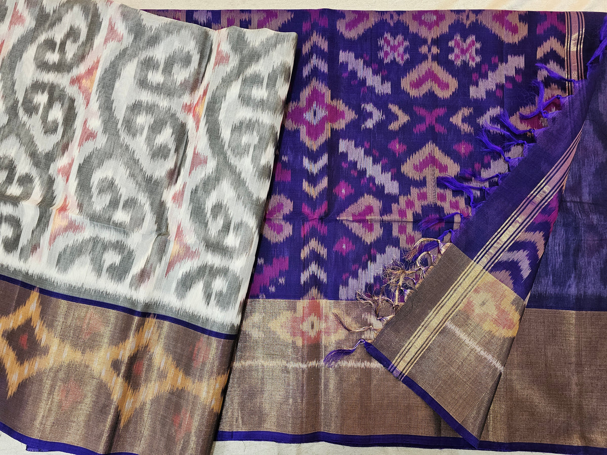 Greywith Blue Pochampally Ikkat Silk Cotton (SICO Pattu)