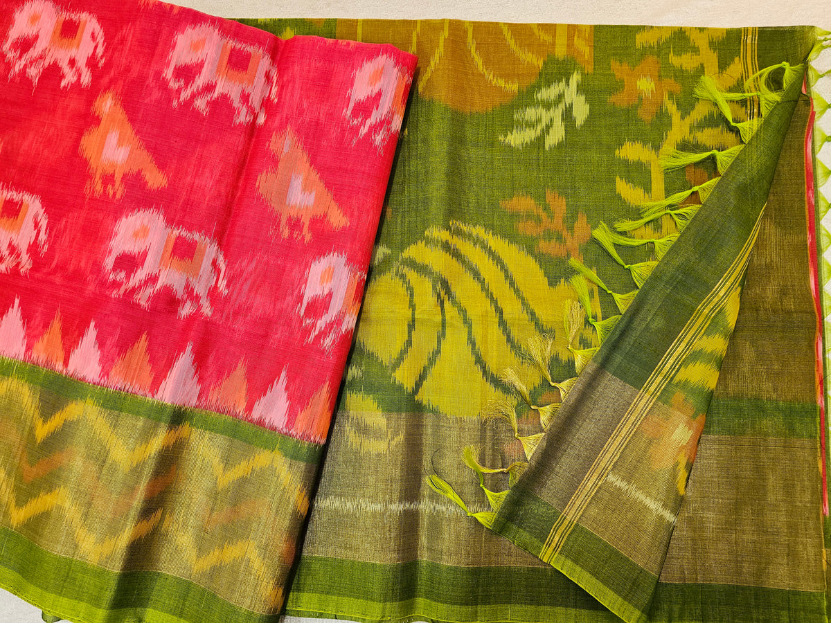 Dark Peach with Green Pochampally Ikkat Silk Cotton (SICO Pattu)