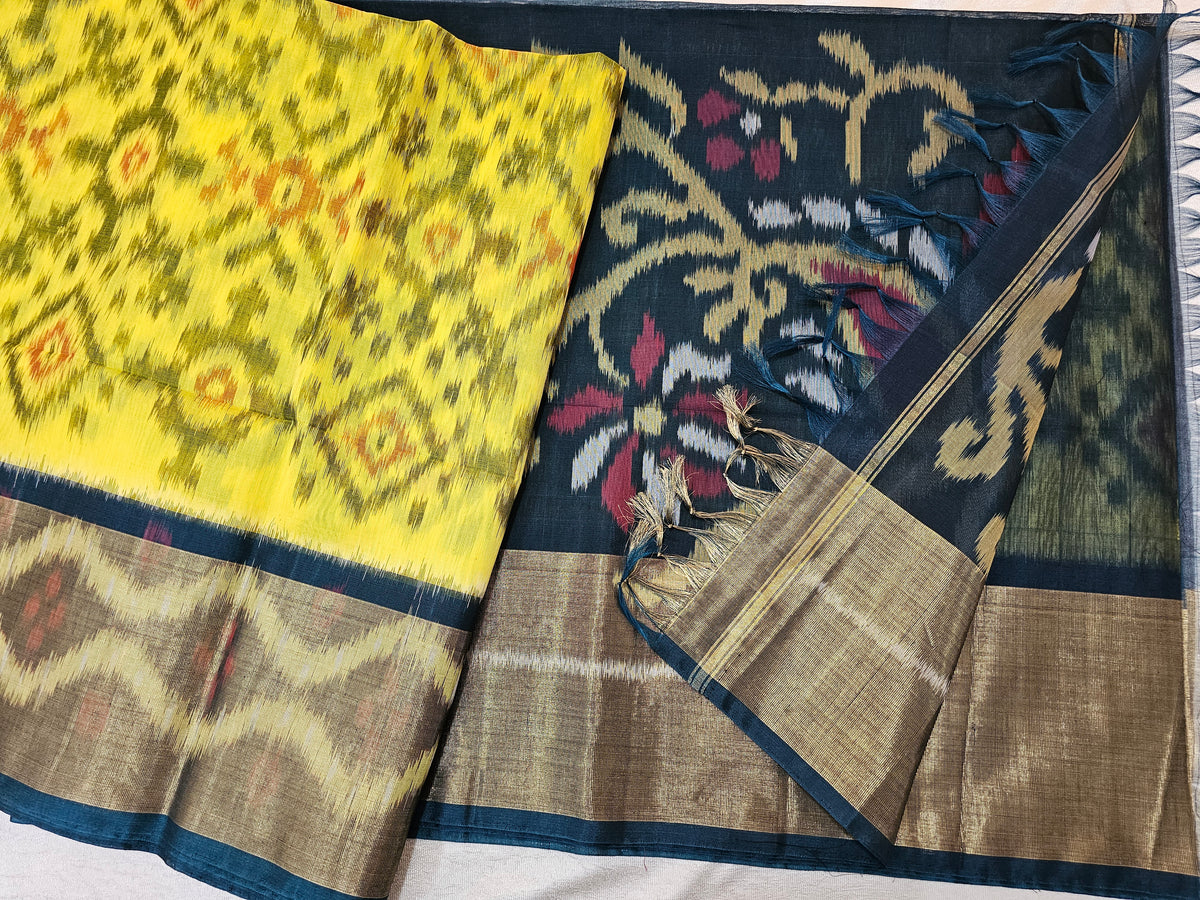 Yellow with Peacock Green Pochampally Ikkat Silk Cotton (SICO Pattu)