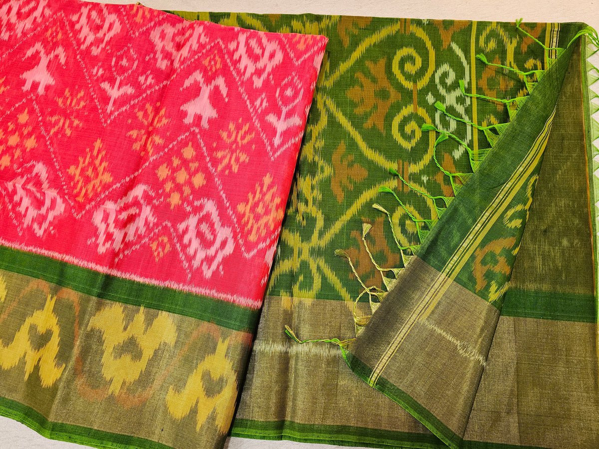 Peach with Green Pochampally Ikkat Silk Cotton (SICO Pattu)
