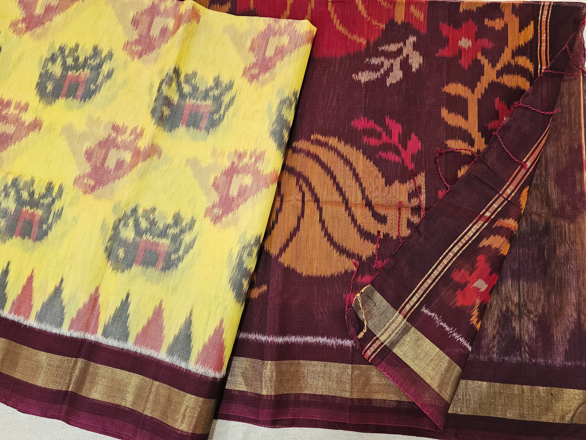 Sandel with Brown Pochampally Ikkat Silk Cotton (SICO Pattu)