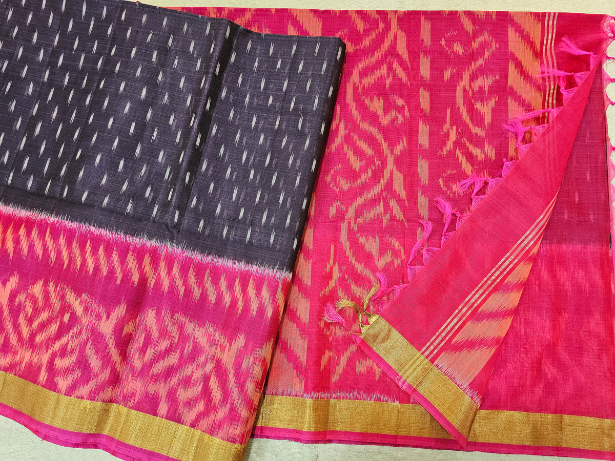 Grey with Pink Pochampally Ikkat Silk Cotton (SICO Pattu)
