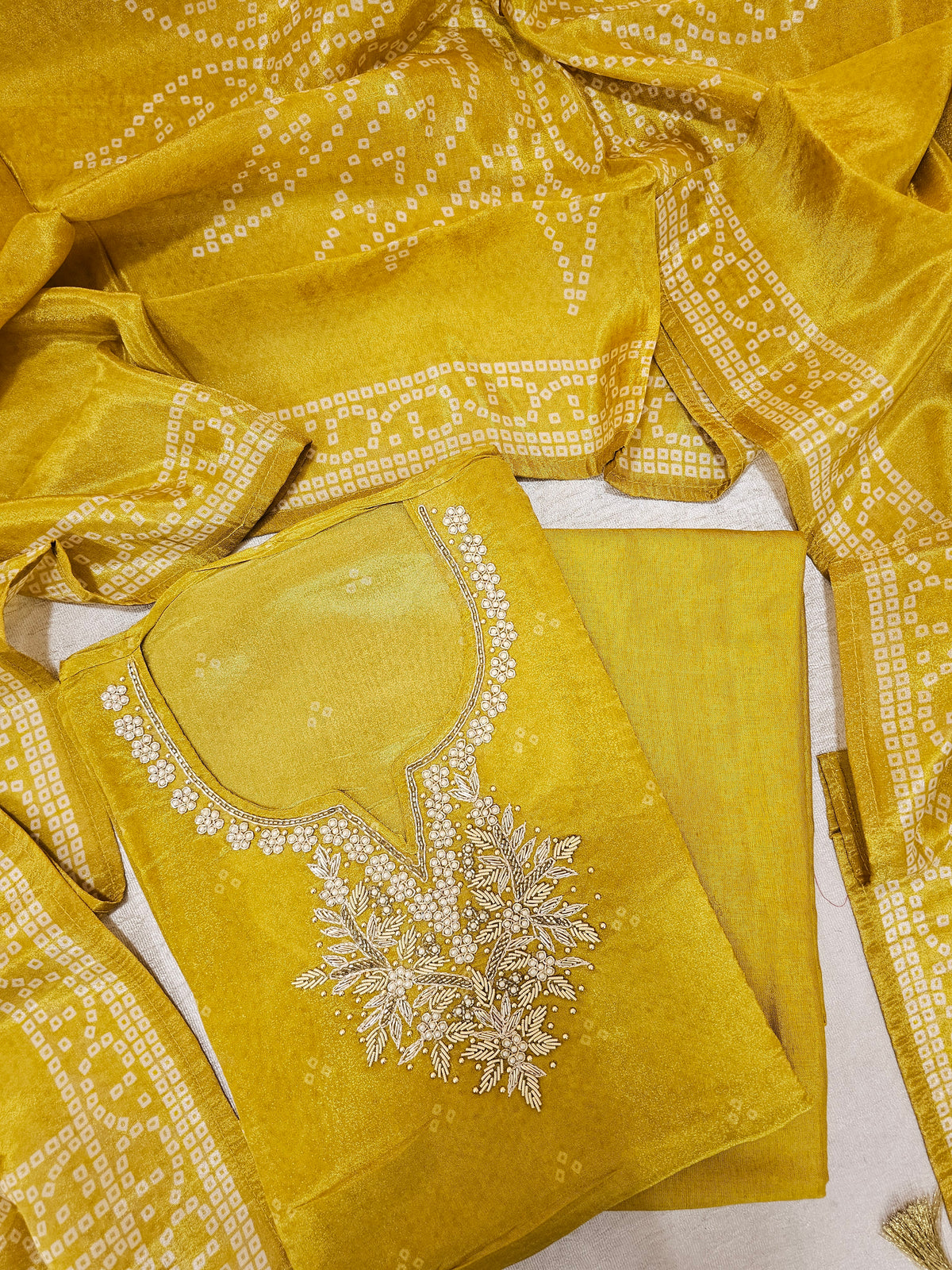 Bandhini Prints in Unstitched Salwar - Mustard Yellow