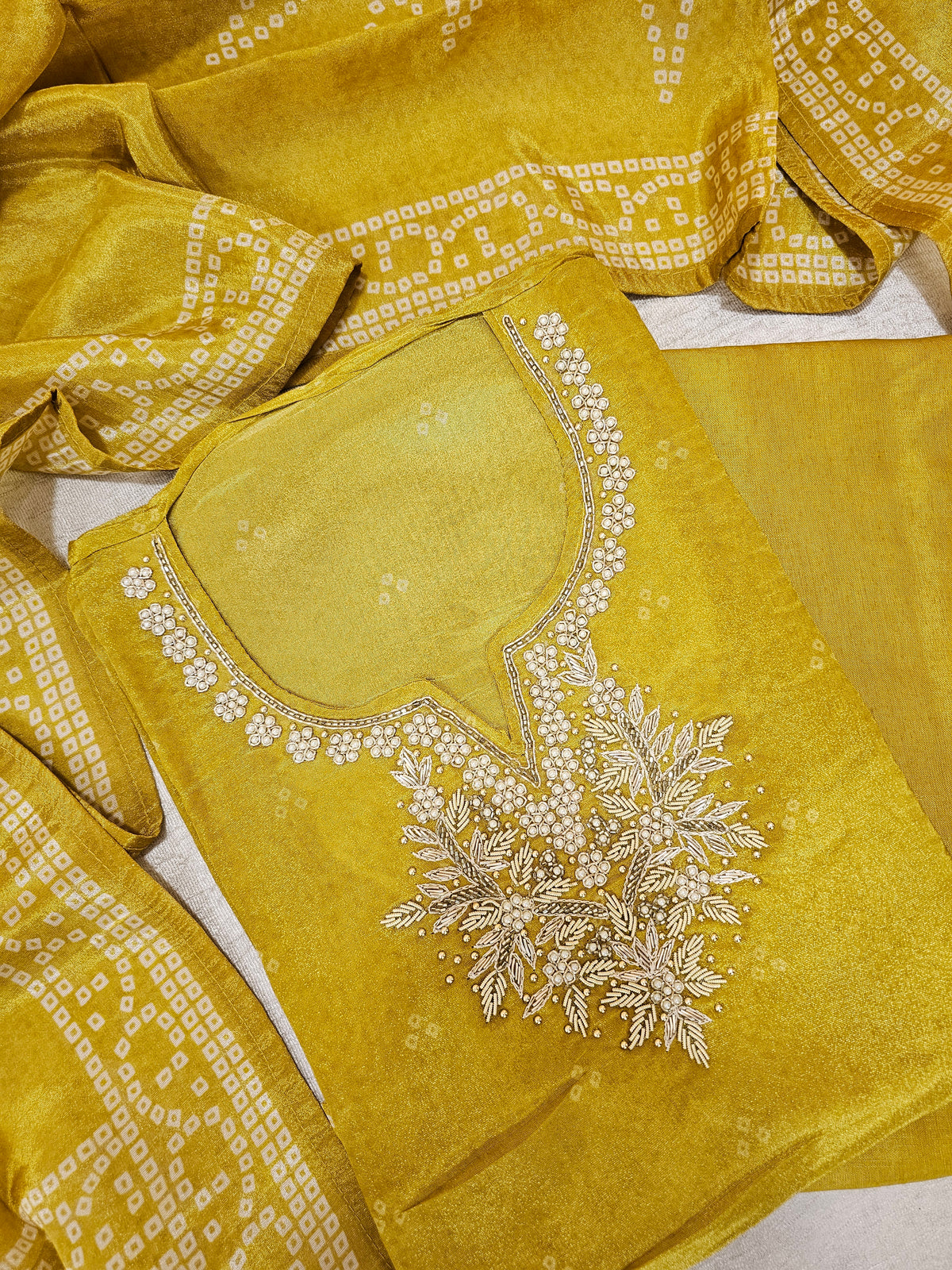 Bandhini Prints in Unstitched Salwar - Mustard Yellow