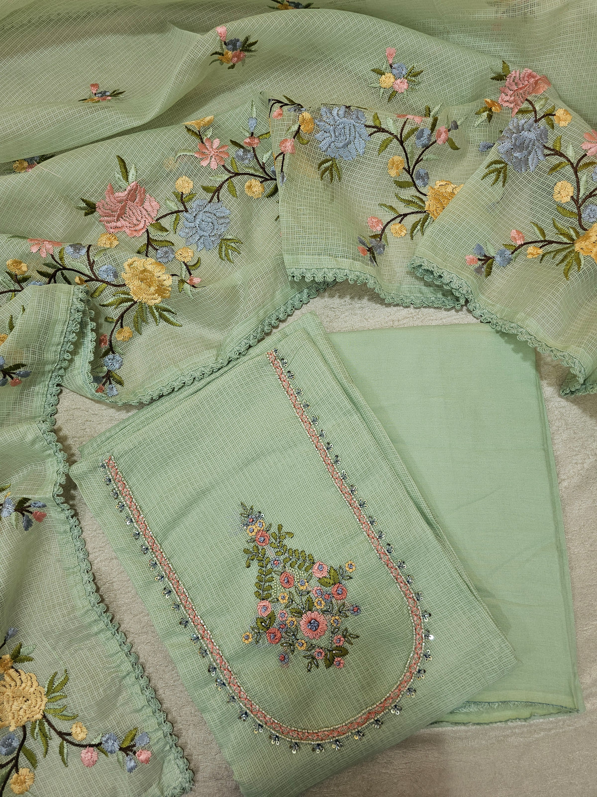 Semi Tussar Kota Unstitched Salwar - Pastel Green