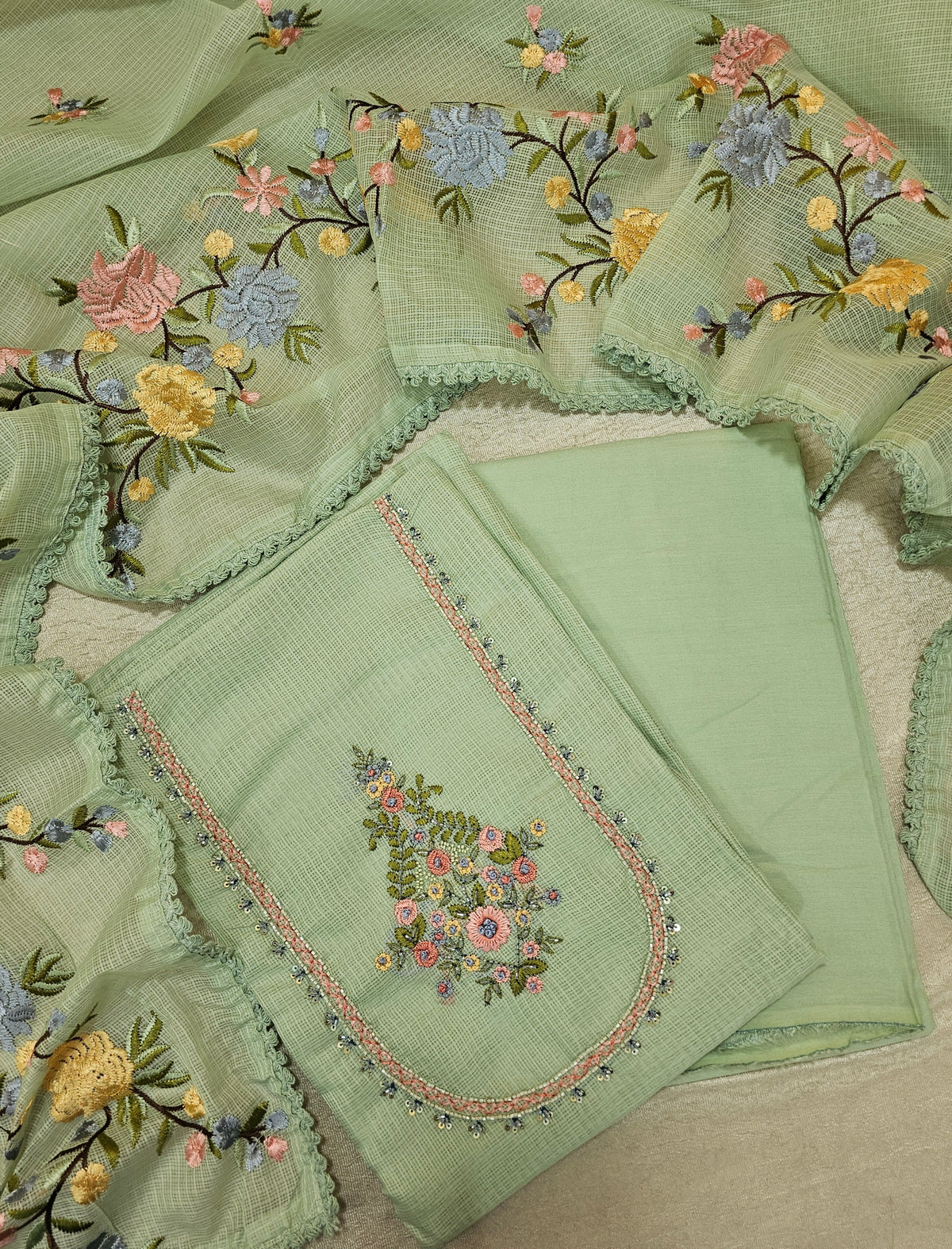 Semi Tussar Kota Unstitched Salwar - Pastel Green