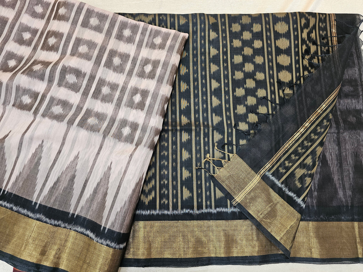 Offwhite withBlack  Magenta Pink Pochampally Ikkat Silk Cotton (SICO Pattu)