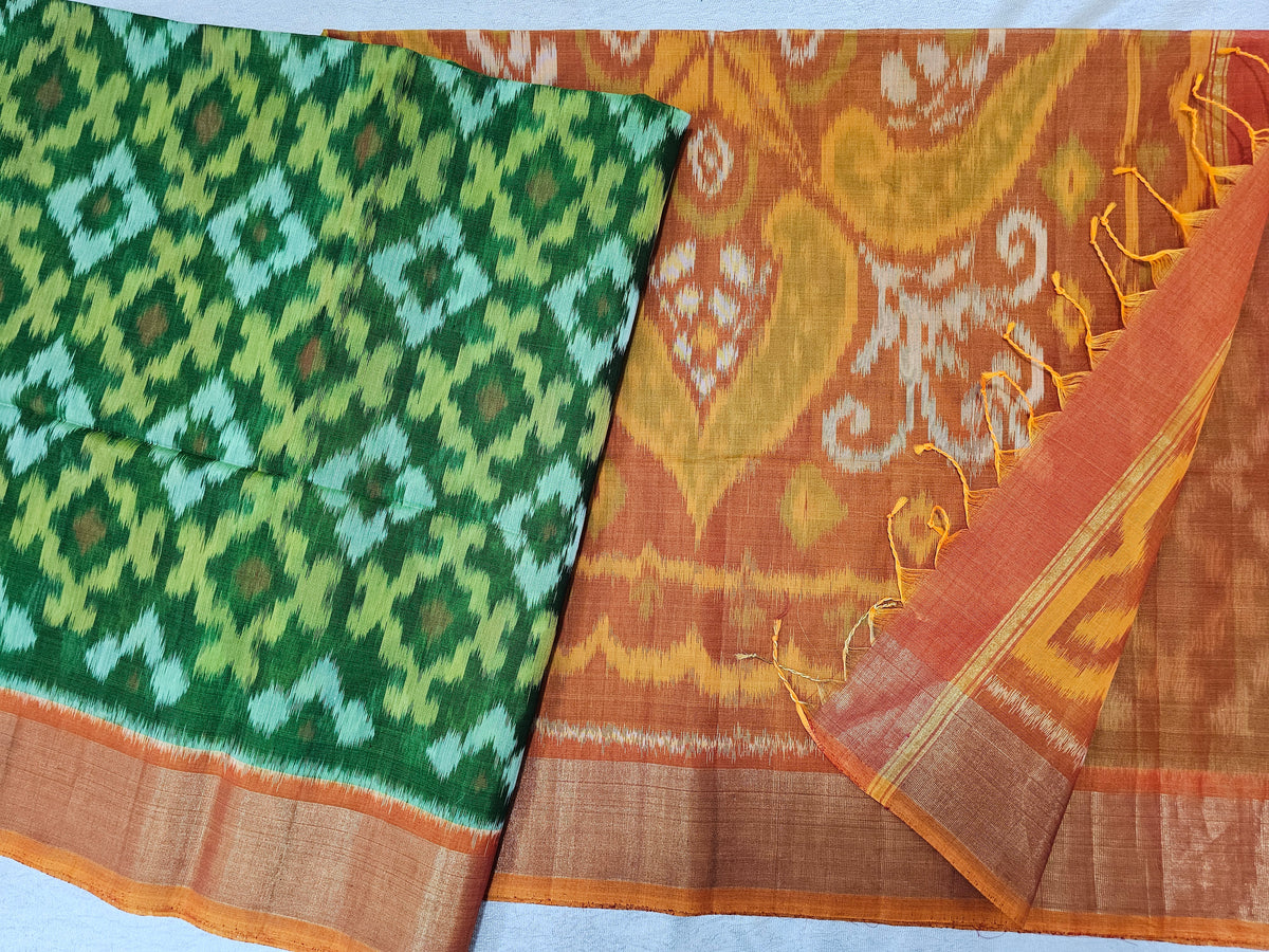 Green with Yellow Pochampally Ikkat Silk Cotton (SICO Pattu)