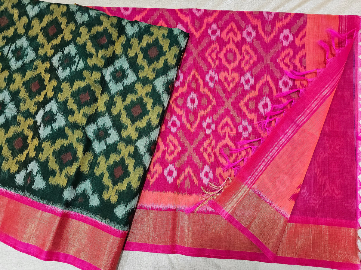 Green with Pink Pochampally Ikkat Silk Cotton (SICO Pattu)