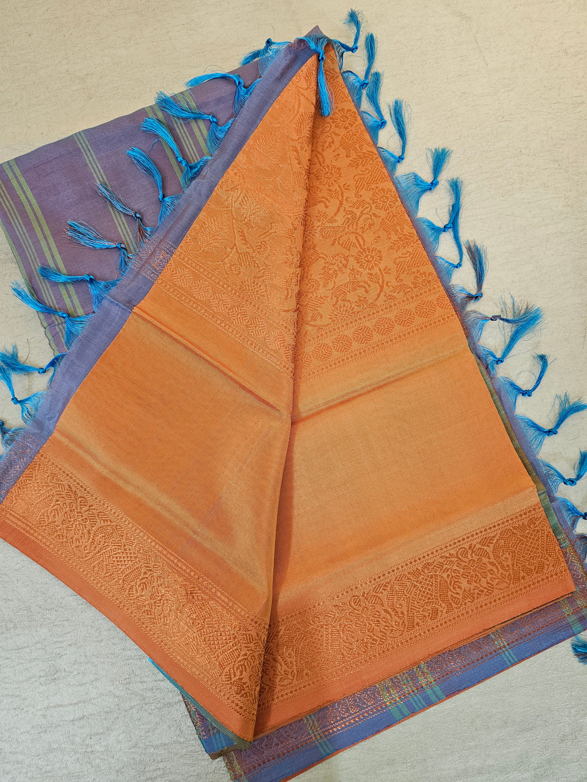 Dual Shade Orange with Blue Floral Pattern Chinnalampattu Saree