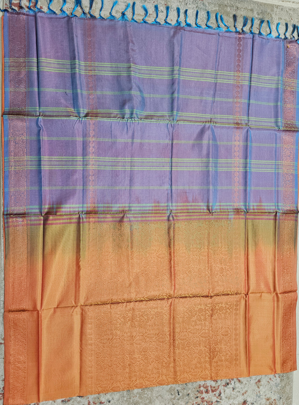 Dual Shade Orange with Blue Floral Pattern Chinnalampattu Saree