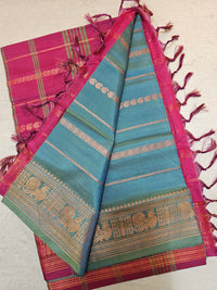 Dual Shade Peacock Green & Blue with Pink Chinnalampattu Velthari Design Border Saree