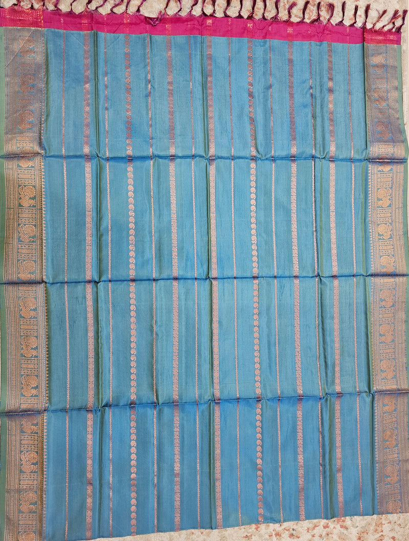 Dual Shade Peacock Green & Blue with Pink Chinnalampattu Velthari Design Border Saree