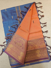 Dark Orange with Blue Chinnalampattu Big Border Saree