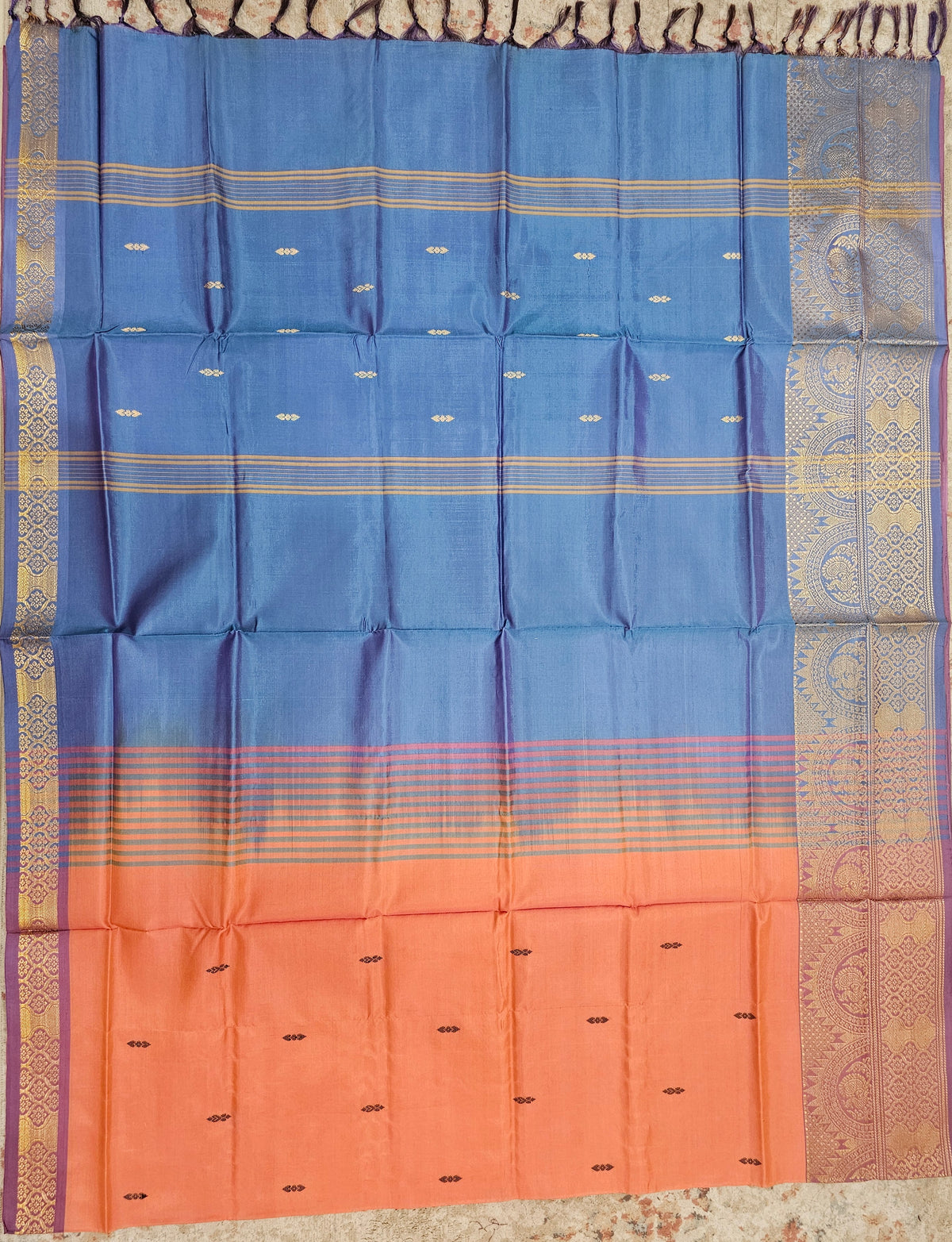 Dark Orange with Blue Chinnalampattu Big Border Saree