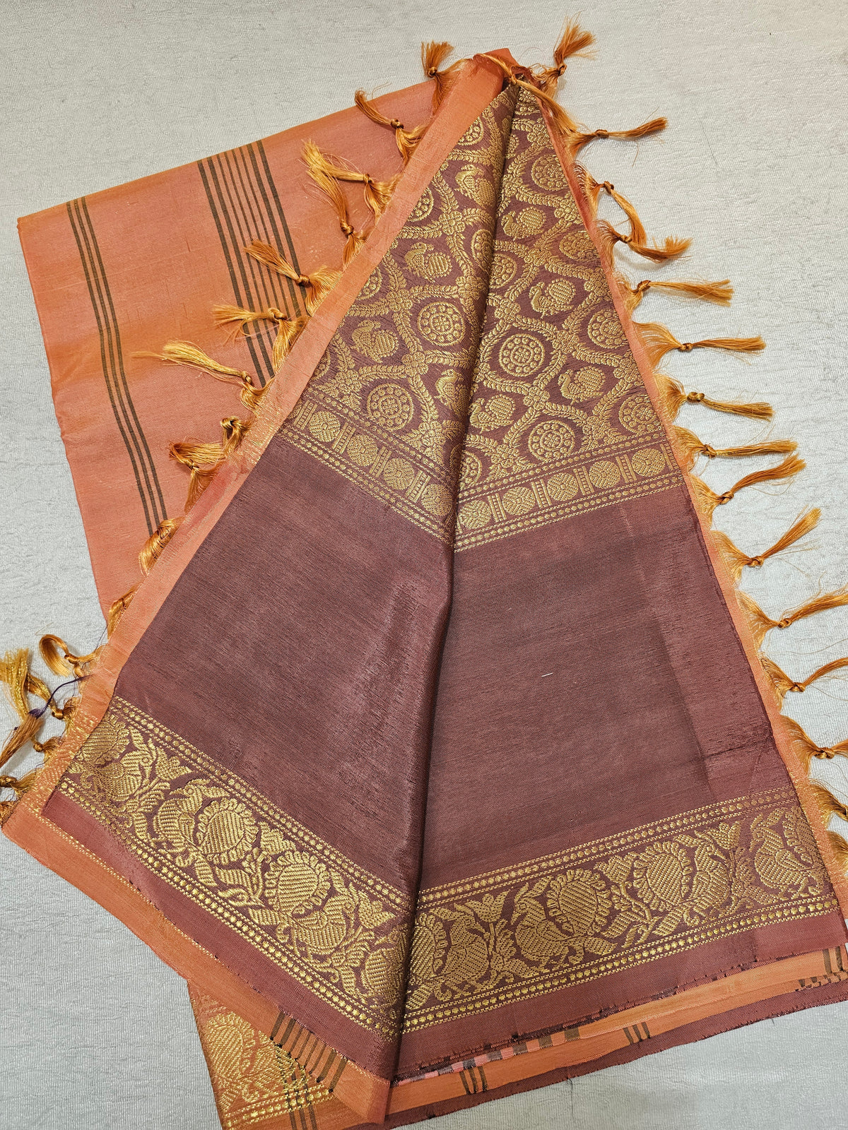 Maroon with Dark Orange Peacock Pattern Chinnalampattu Saree