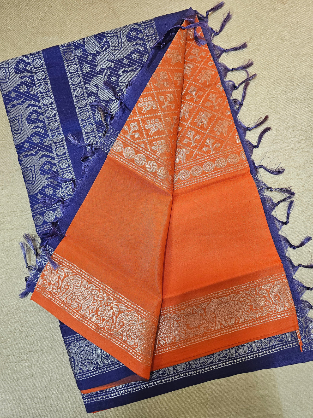 Orange with Blue Vanasingram Pattern Chinnalampattu Saree