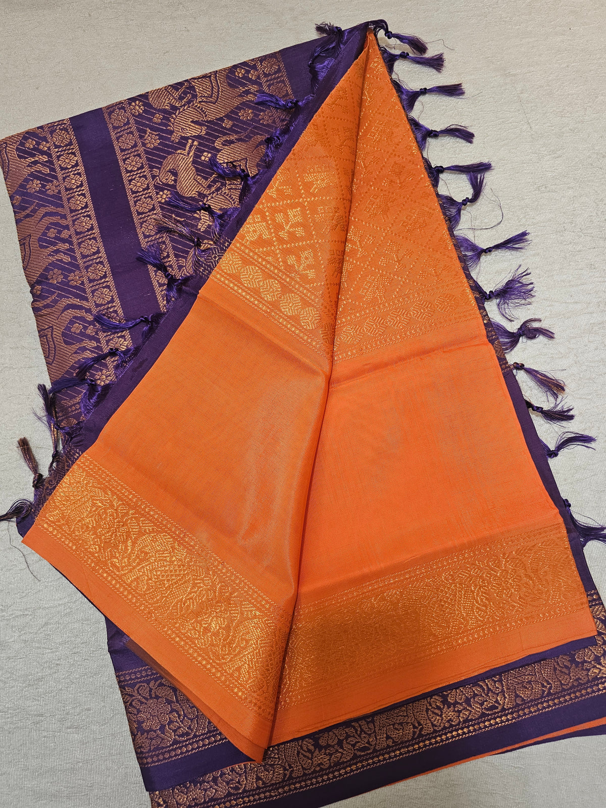 Orange with Dark Purple Vanasingram Pattern Chinnalampattu Saree