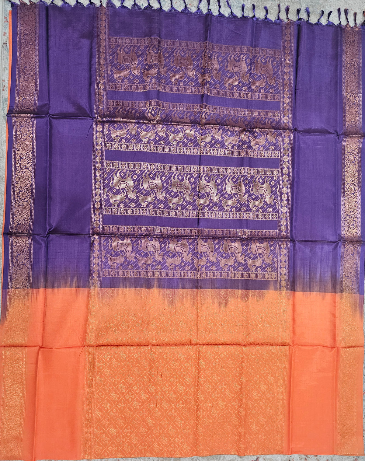 Orange with Dark Purple Vanasingram Pattern Chinnalampattu Saree