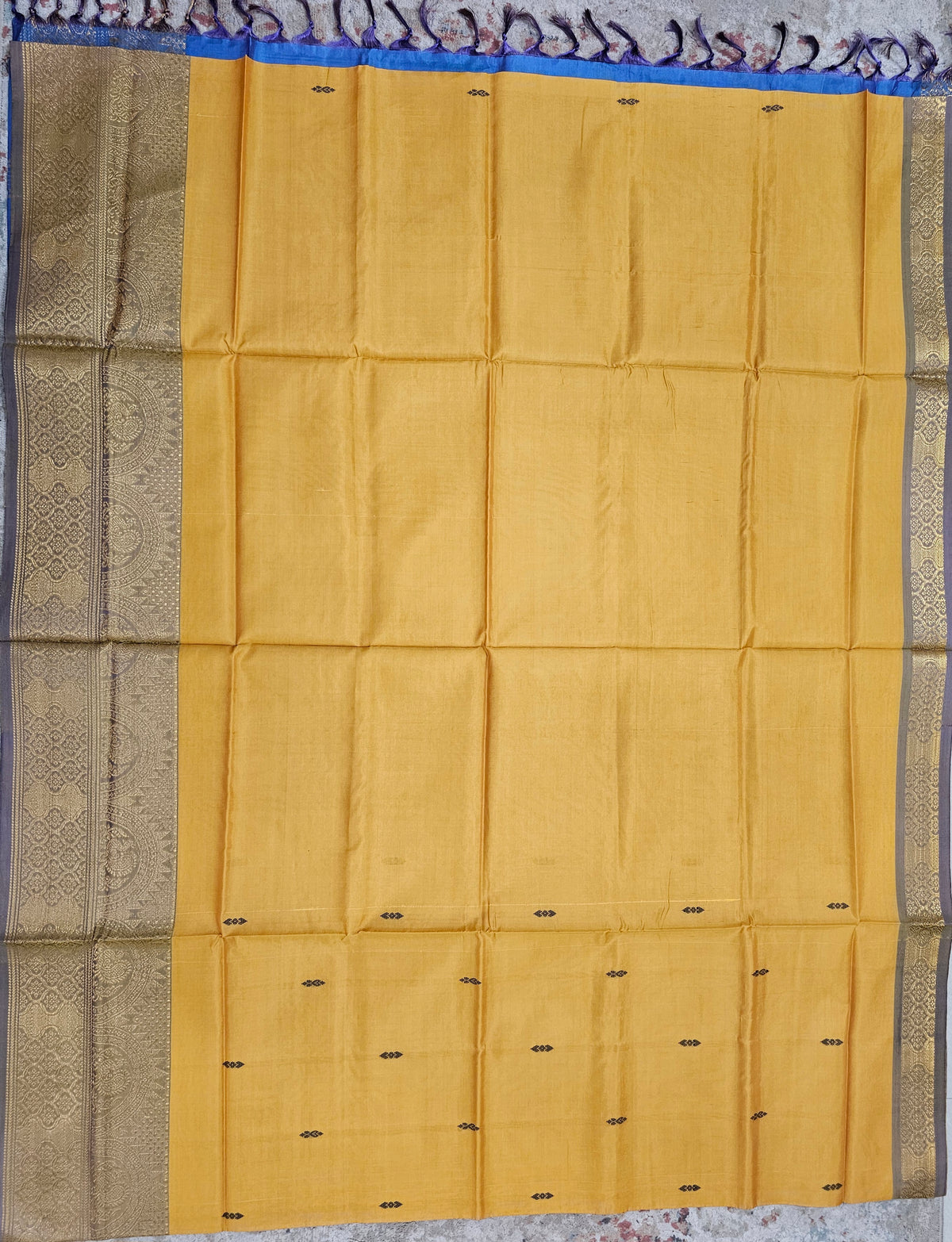 Mustard Yellow with Blue Chinnalampattu Big Border Saree