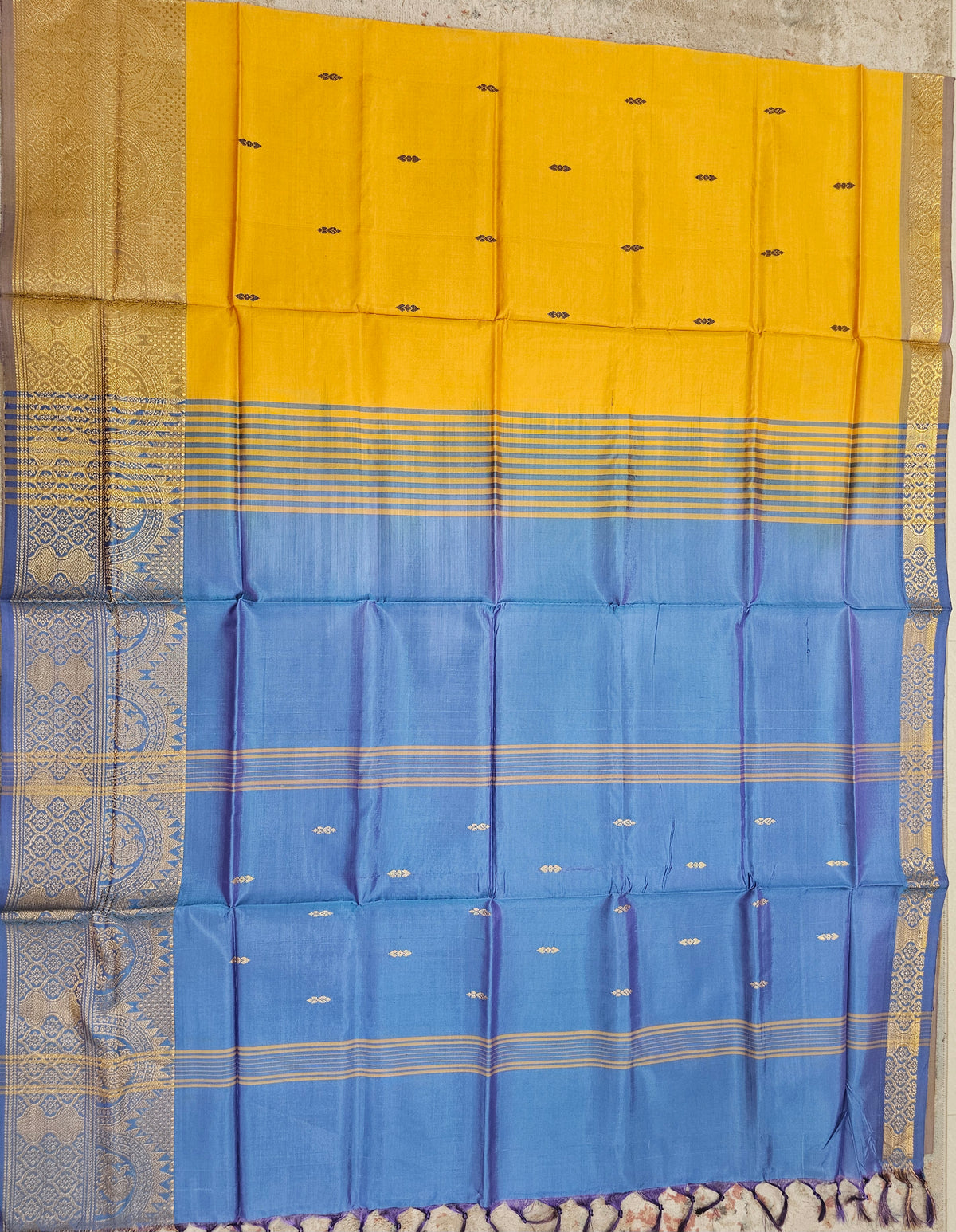 Mustard Yellow with Blue Chinnalampattu Big Border Saree