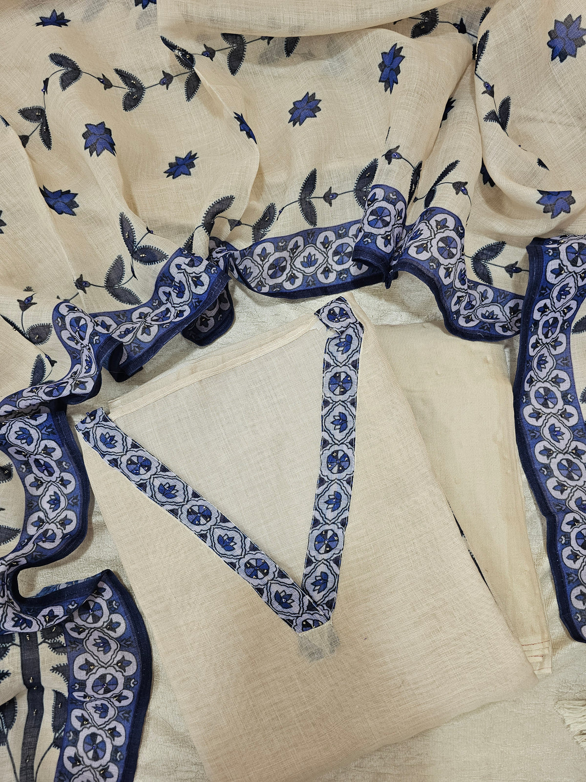 Linen Cotton Unstitched Salwar - Cream with Blue