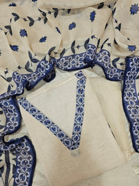 Linen Cotton Unstitched Salwar - Cream with Blue