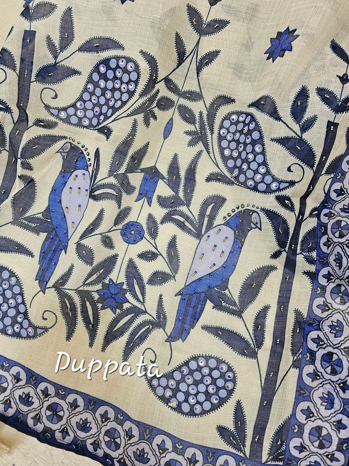 Linen Cotton Unstitched Salwar - Cream with Blue