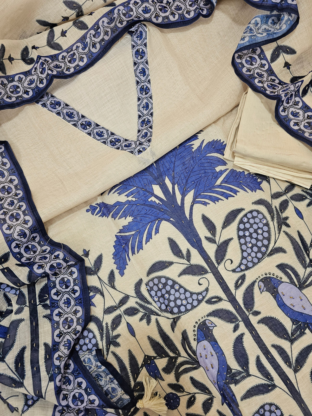 Linen Cotton Unstitched Salwar - Cream with Blue